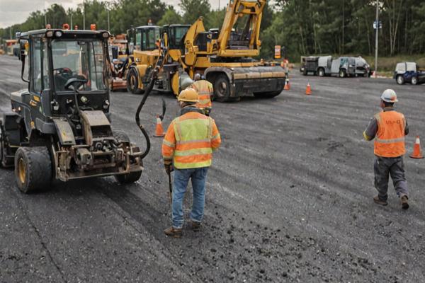 Professional paving crew working on asphalt road construction