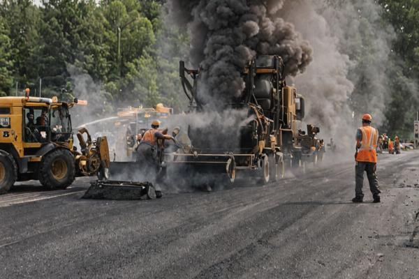 Professional asphalt paving crew laying fresh asphalt