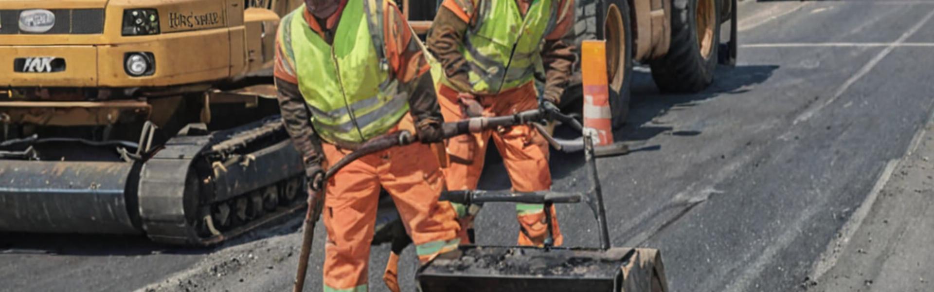 Professional road construction team at work